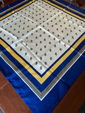 Blue and Yellow Patterned geometric 35“ x 35“ all silk scarf made in USA